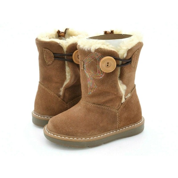 Dogi Toddler Boots 6.5 Brown Suede Embroidered Bow Marianne Side Zip Faux Fur - Picture 1 of 8